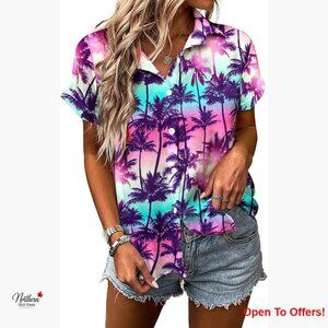 Chiffon Hawaiian Shirt V-Neck Button Up Top Floral Print